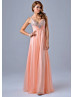 Spaghetti Straps Beaded Ruched Chiffon Elegant Long Prom Dress